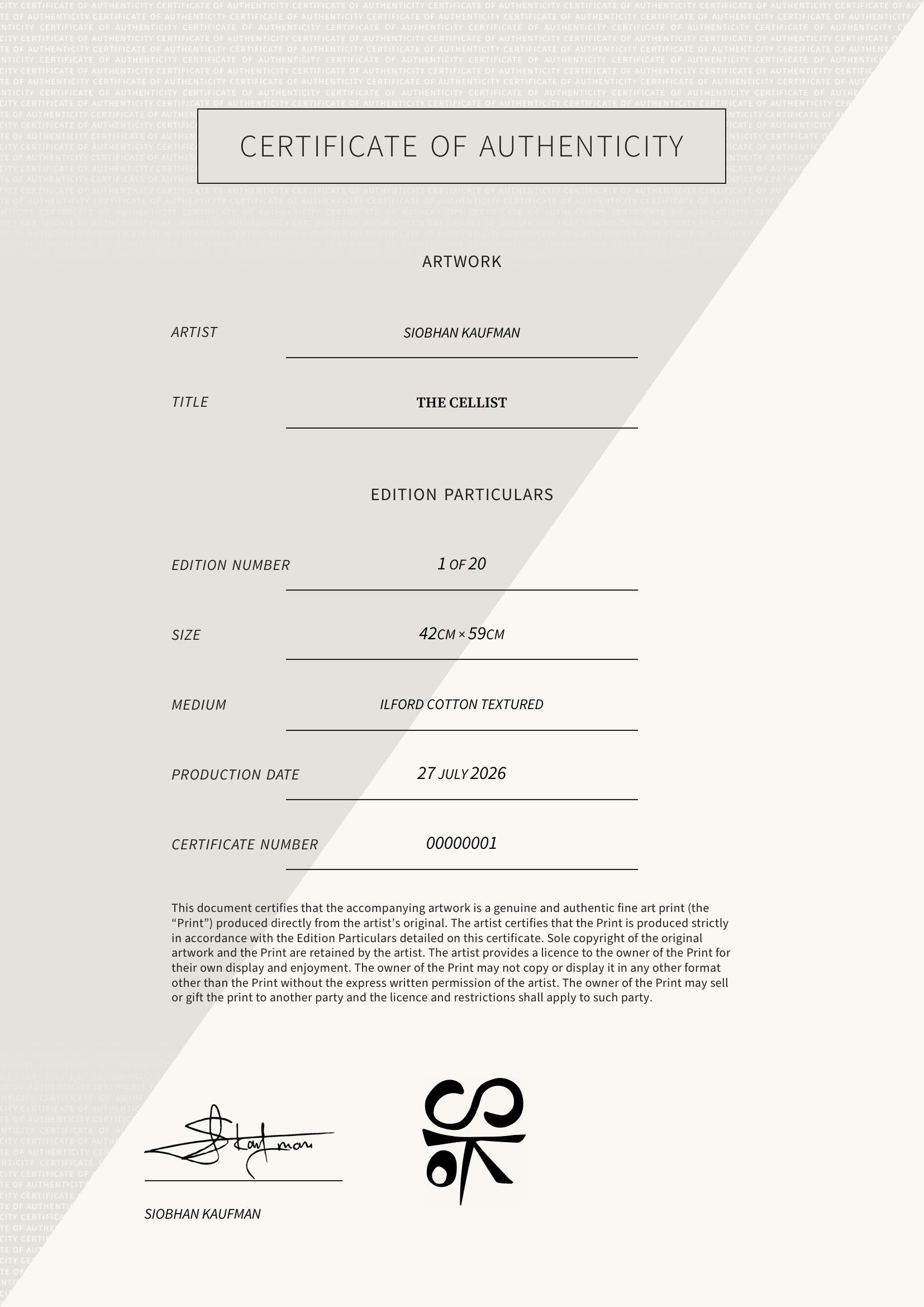 The Cellist — Certificate of Authenticity